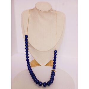 Navy Blue Acrylic Beads Gold Tone Rope Length Necklace with Gold Star Station